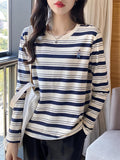 Pure Cotton Bear Embroidered Striped Spring And Autumn Long-Sleeved T-Shirt Woman 2025 New Loose Tie Bottom Collar On The Clothes
