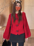 Korean Vintage Soft Gring Flower Red Sweater Women's Winter High Sense New Year Thick Short Knitted Open Shirt