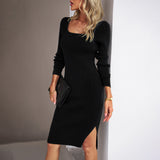 Dili Square Collar Wool Dress 2025 Autumn And Winter Temperament Elegant Ass Long Dress
