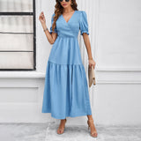Dili 2025 Spring And Summer Women's Dress Your Temperament Solid Color V Collar Short Sleeves Long Dress