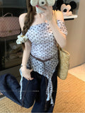 Irregular Ribbon Lattice Oblique Shoulder T-Shirt Girls Summer Vintage Checkered Waist Repair Cic Single Special To Short-Sleeved Top