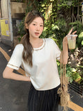 Korean Chic Nail Bead Design Sense Niche Shoulder Short Sleeve Round-Neck T-Shirt Beautiful New Unique Top