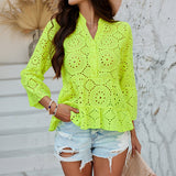 Dili 2025 Spring And Summer Top Women's Casual Holiday Style Solid Color Hollow V-Neck Seven-Sleeve Shirt