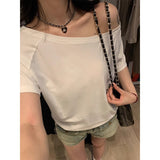 Design With A Sense Of Oblique Shoulder Short Sleeve Female Open Shoulder Short T-Shirt Summer Pure Hot Girl Loose Black Shoulder Clothes