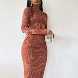 Hot Sales 2025 Spring And Summer Long-Sleeved Dress Print Round Neck Tight Dress Body Medium Long Dress