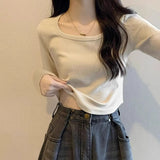 Apricot Front Shoulder Curved Under The Long-Sleeved T-Shirt Girl Early Autumn Collar Slimming Irregular Bottom Shirt