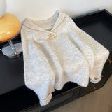 Lazy Wind Bull Horn Buckle Gray Collar Sweater Women Early Spring Large Fat Mm Shoulder Sleeves Thin Knitted Shirt