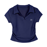 Pure Cotton Polo Collar Short-Sleeved T-Shirt Women's Summer Dress Large-Size Bottom T-Shirt Fat Mm Thin High-End Wrinkled Short Blouse