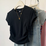 Grey Shoulder Short-Sleeved T-Shirt Summer Dress 2025 New Folds To Collect Thin Cotton Jersey Top