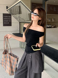 Pure Desire To Word Shoulder Collar Short-Sleeved T-Shirt Women 2026 Summer New Folding Waist Slime Sleeveless Top