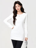 White Round-Neck Long-Sleeved T-Shirt In The T-Shirt Autumn And Winter New Thicken Long Coat Woman