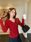 New Year Red V-Neck Long-Sleeved Knitted Open-Shirt Jacket 2026 Spring New Sweet Hottie Temperament Beautiful Top