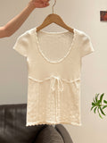 White Wooden Ear U Collar Collar Collar Collar Collar Collar Collar Short-Sleeved T-Shirt 2026 Spring New Bow High-End Feel Repair Body Dress Woman