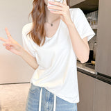 Summer U-Necked Short-Sleeved White Hottie Loose Top Woman's New Design Sense Niche T-Shirt French Pure Desire To Play The Bottom Shirt