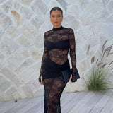 Spring And Summer New Fashion Round Collar Splicing Perspective Hollow Sexy Hot Girl Tight Dress Woman