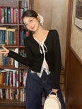 Korean Ins Lace Splicing Fake Two Button Cardigan Long-Sleeved T-Shirt Women's New Design Sense Niche Tops In Autumn
