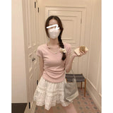Shallow Powder Small Flying Sleeve Big V Neck Collar Collar Collar Folded Folded Waist Thin Design Short Sleeves On The Shoulder T-Shirt Girl Summer