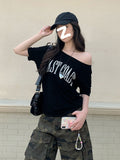 Pure Cotton Vintage Hottie Slanted Shoulder T-Shirt For Girls Summer 2025 New Loose Letter Print Top Ins
