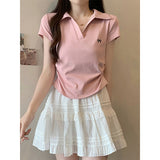 Rolling Polo Collar V-Neck Shoulder Short-Sleeved T-Shirt Girl 2025 Summer New Slim Short Solid Color Coat Tide