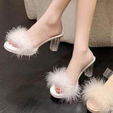 Large-Size Women's Shoes 2025 New Crystal Coarse And Skirt High Heel Slippers Wearing Fur Cold Slippers Women
