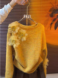Korean Languid Three-Dimensional Flowers Purple Knitted Shirt Women 2025 Autumn And Winter New Loose Thin Sweater Top Tide