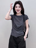 Irregular Round-Neck Short-Sleeved Ice Silk Knitted Women 2025 Summer New Fashion Ocean Design Feel Waist Top