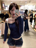 Pure Cotton Oblique Shoulder Collar Long-Sleeved T-Shirt Girl Early Autumn Sweet Hot Girl Folded Waist Short Hidden Blue White Top