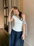 Korean Retro Black And White Striped Slanted Shoulder Short-Sleeved T-Shirt For Summer New 2026 Ribbon Spliced Knitted Small Top