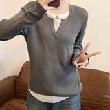 Pure Lust Wind Blue Lazy Knitted Bottom Shirt Women Spring And Autumn New Fake Two Splicing Loose Thin Inside Cloth