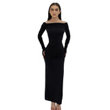 Women's Winter New Ins Sexy Temperament Solid Color Tight Ass Long-Sleeved Dress Women
