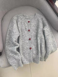 Grey Love Button Sweater Jacket Women's New High-End Sense Loose Collar Knitted Cardigan Top In Autumn