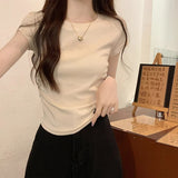 Wine Red Round Collar Straight Shoulder White Short-Sleeved T-Shirt Girl Summer Small Man Folded Waist Bow Blouse