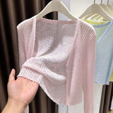 Large-Size Blue V-Neck Ice Silk Sunscreen Knitted Cardigan Women's Summer Thin Slings With Knitted Blouse Shawl