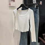 Apricot Front Shoulder Curved Under The Long-Sleeved T-Shirt Girl Early Autumn Collar Slimming Irregular Bottom Shirt