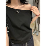 One-Word Collar Shoulder Design Loose Solid Color Short-Sleeved T-Shirt 2026 Summer New Slanted Shoulder Lazy Top