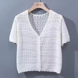 White Hollow Knitted Cardigan Girl Thin Long-Sleeved Ice Silk Shawl With Sling Skirt Air-Conditioning Shirt Summer
