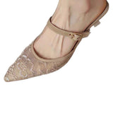 Net Yarn Tips Single Shoes 2025 Summer New French Temperament Low-Heeled Slippers With Skirt One-Legged Fine And Slippers