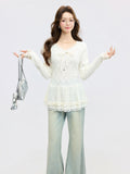 Korean Apricot Sweet Lace V-Neck Long-Sleeved T-Shirt For Women 2026 Spring Ballet Style Bottom Lace Jersey