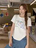 Korean Cute Cat Embroidery Design Feeling Short-Sleeved T-Shirt Women 2026 Summer New Loose Thin Lazi Blouse