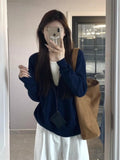 Korean Senior Sense Blue Fake Two Sweaters Women Early Autumn New Lazy Style Long-Sleeved French Knitted Shirt Top