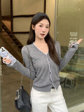 Korean Lazy Lace Spliced Gray Long-Sleeved Top 2026 Early Autumn New Simple High-End T-Shirt Cardigan Woman