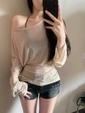 Thin Slim Cross-Slanted Shoulder Long-Sleeved T-Shirt Girl 2025 Spring And Summer Large-Size Fat Mm Sun Protection Hoodie T-Shirt T-Shirt