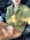 European Goods Old Money Wind Green V Collared Horse Hair Sweater Women Autumn And Winter Lazy High Sense Thick Collar Knitting Top