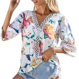 New Tat Lace Wind V Collar Bat Sleeve Print Casual T-Shirt Blouse Chiffon