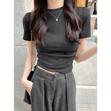 Irregular Shoulder Short Sleeve T-Shirt Girl Summer Hottie High Waist Umbilly Repair Body Slimming Short Top