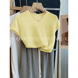 Summer Blue Little Flying Sleeve Ice Silk Knitted Short-Sleeved T-Shirt Femininity Slime Straight Shoulder Unique Beautiful Top