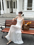 Design Sense Mesh Splicing Sling Dress Women's Summer Niche Temperament Waist Dress Gentle Style White Dress