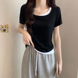 Fake Two Bumpy Square Short-Sleeved T-Shirts For Girls Summer New Body-Repair Korean Chic Short Top