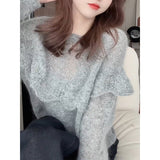 Spring Dress Wearing Hook Flower Hollow Sweater Female Lotus Leaf Side Gray Soft Glutinous Loose Collar Knitting Top