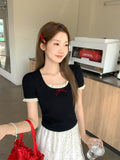 Korean Pure-Want Bow Hottie Lace Splicing Design Short-Sleeved T-Shirt Girl 2026 Summer New Repair Body